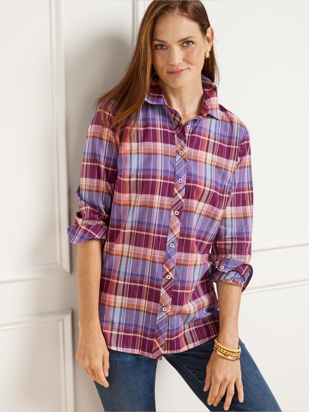 Talbots 100% Cotton Button Front Shirt in Fabulous Plaid Purple Gold Metallic LP